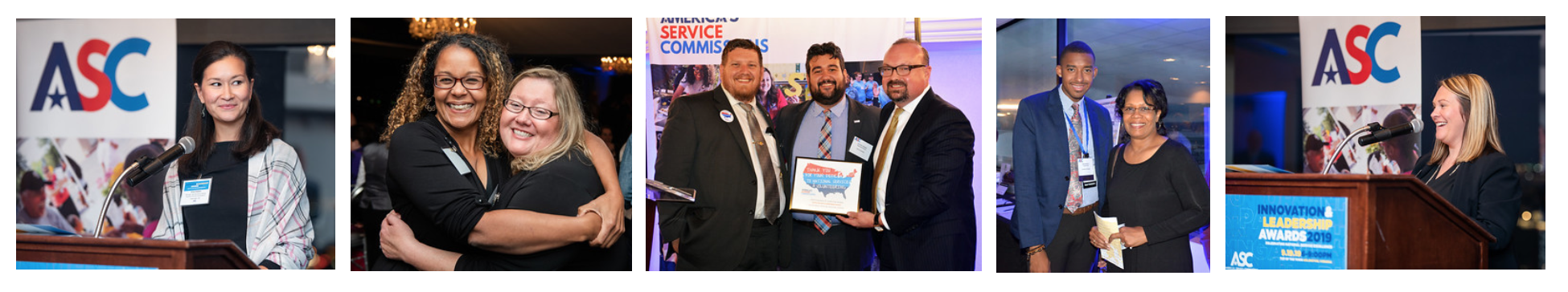 five photos from the 2019 awards reception; show folks at the podium, accepting awards, posing with awards, hugging colleagues, etc.