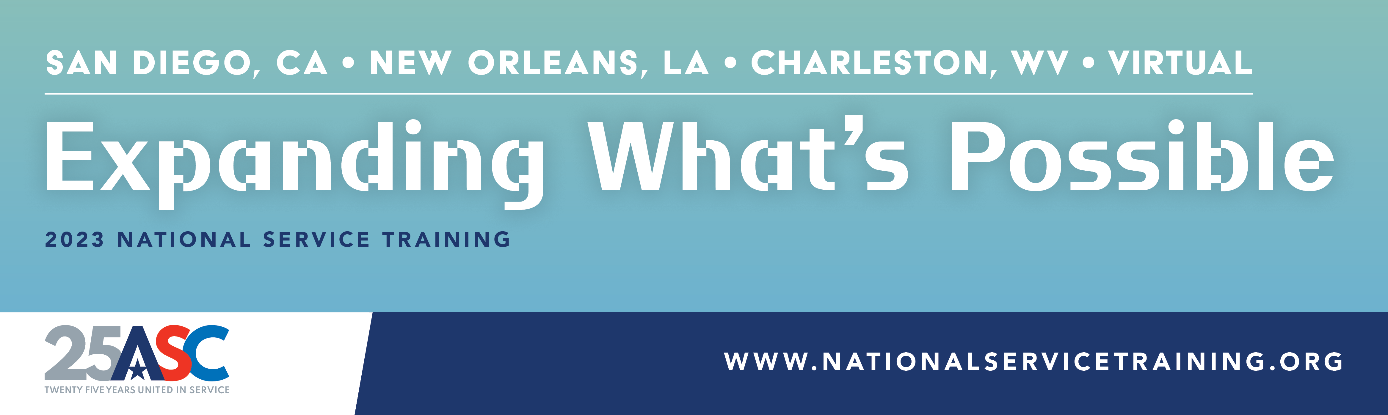 graphic that promotes 2023 National Service Training with theme "Expanding What's Possible"